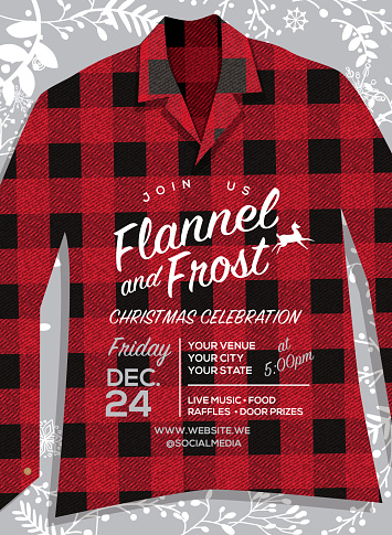 Flannel and Frost Holiday greeting invitation design template with flannel pattern and hand drawn elements includes, flannel shirt branches, and garland.