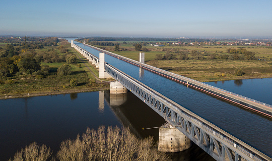 Aerial view of Magdeburg Water Bridge, largest navigable aqueduct in Europe