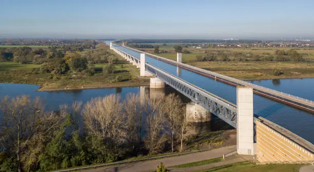 Aerial view of Magdeburg Water Bridge, largest navigable aqueduct in Europe