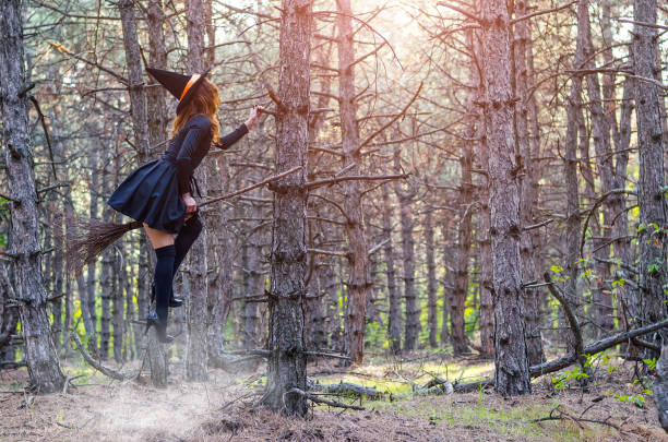 istock Levitation, a witch in a hat flies on a broom, free space. 866743298