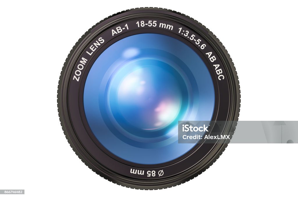 Photography camera lens, 3D rendering isolated on white background Home Video Camera Stock Photo