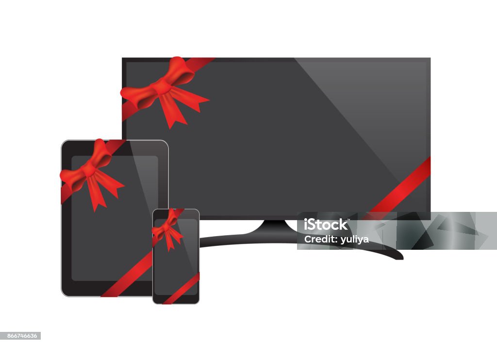 Flat Screen TV Black Screen Phone Tablet With Ribbon Vector Flat Screen TV Black Screen Phone Tablet With Ribbon Birthday stock vector