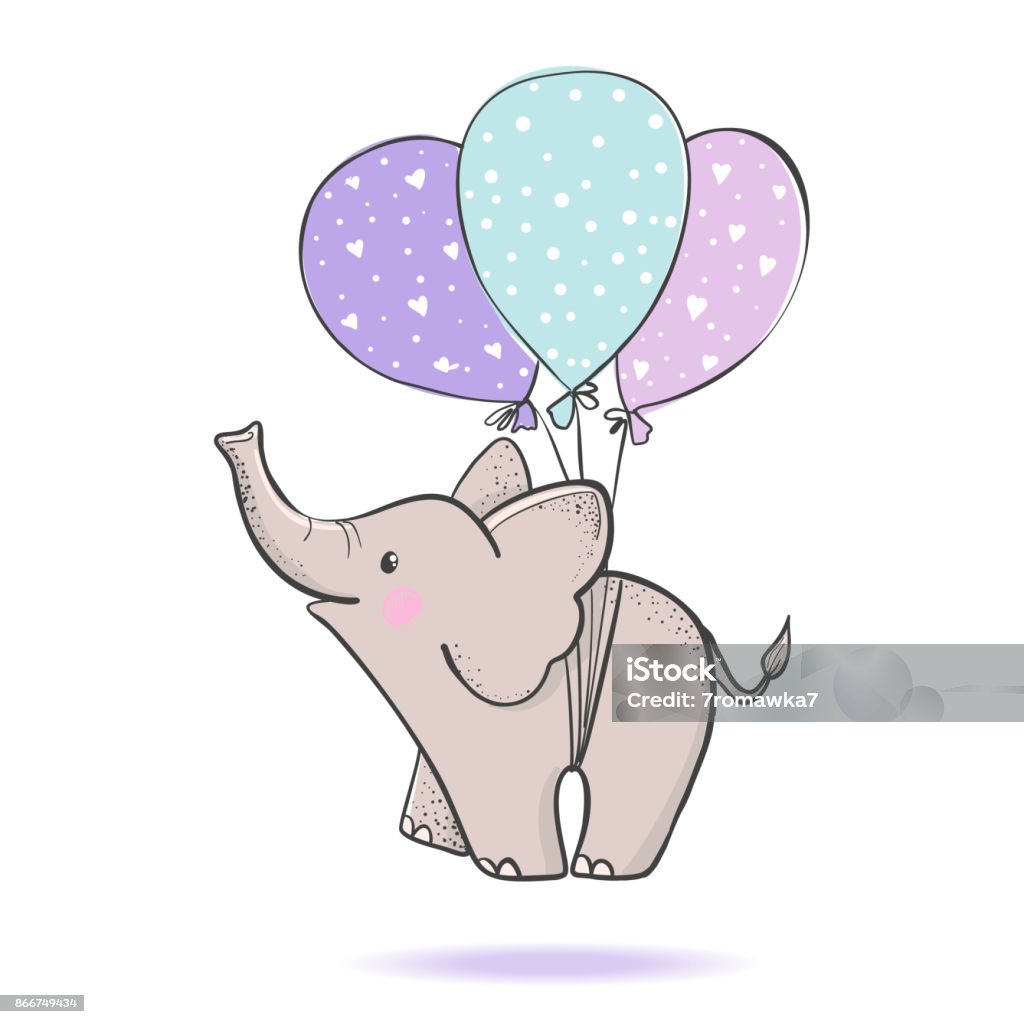 Cute hand drawn elephant flying on balloons. Cute hand drawn elephant flying on balloons isolated on white background. Design element for baby shower greeting cards, t-shirt print and etc. Vector illustration. Elephant stock vector