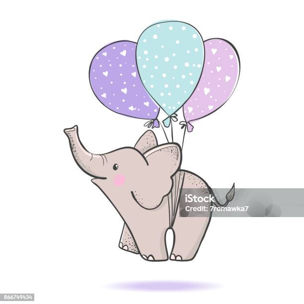 Cute Hand Drawn Elephant Flying On Balloons Stock Illustration - Download Image Now - Elephant, Birthday, Cartoon