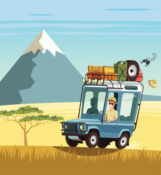 Vector illustration of Safari truck in African savannah