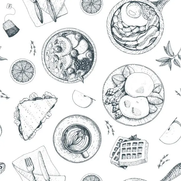 Vector illustration of Breakfasts and brunches seamless pattern. Food menu design. Vintage hand drawn sketch vector illustration.The design of packaging or menu for Breakfast.