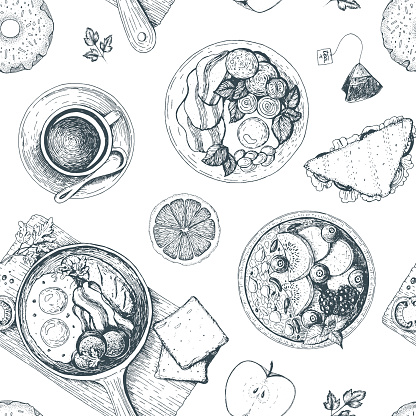 Breakfasts and brunches seamless pattern. Food menu design. Vintage hand drawn sketch vector illustration.The design of packaging or menu for Breakfast.