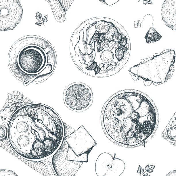 Breakfasts and brunches seamless pattern. Food menu design. Vintage hand drawn sketch vector illustration.The design of packaging or menu for Breakfast. Breakfasts and brunches seamless pattern. Food menu design. Vintage hand drawn sketch vector illustration.The design of packaging or menu for Breakfast. lunch designs stock illustrations