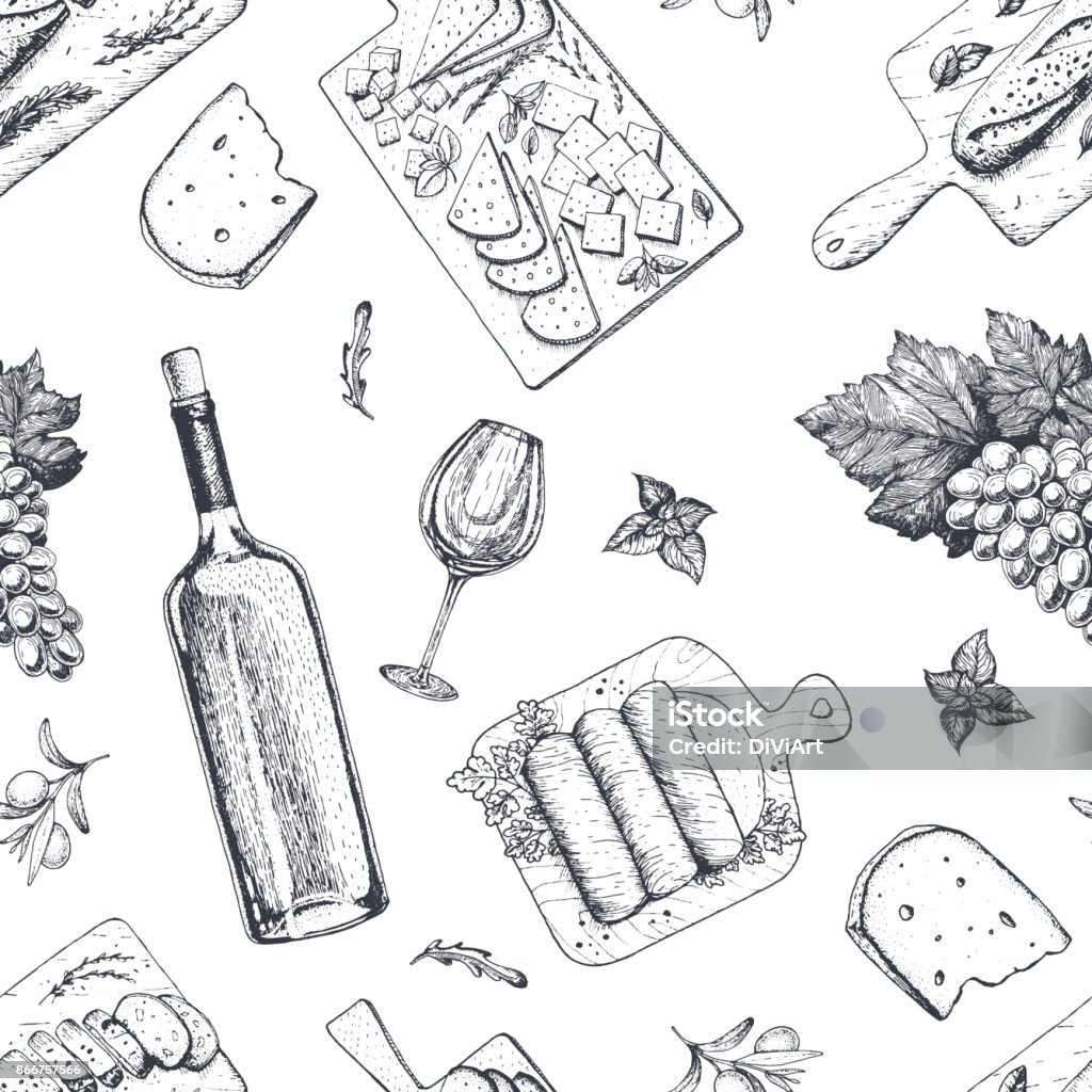 Wine and gourmet snacks seamless pattern. Cheese, meat, bread, grape hand drawn. Gourmet food pattern. Cheese stock vector