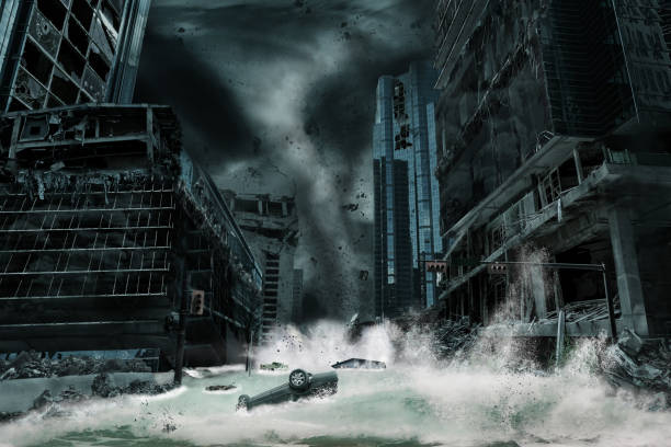 Cinematic Portrayal of a City Destroyed by Hurricane A cinematic portrayal of a city destroyed by a typhoon or hurricane landfall and bringing with it a storm surge. Elements in this cityscape were carefully created, modified and manipulated to resemble a fictitious disaster scene. I shot the original photo of the area in downtown Calgary for this purpose (see attached photo). typhoon photos stock pictures, royalty-free photos & images