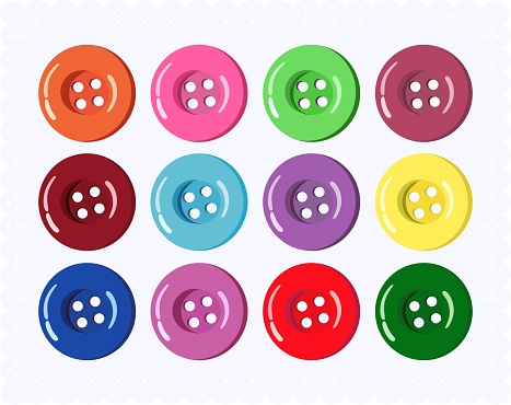 Vector collection of buttons for clothes, art and crafts in various bright colors. Fashion and needlework.