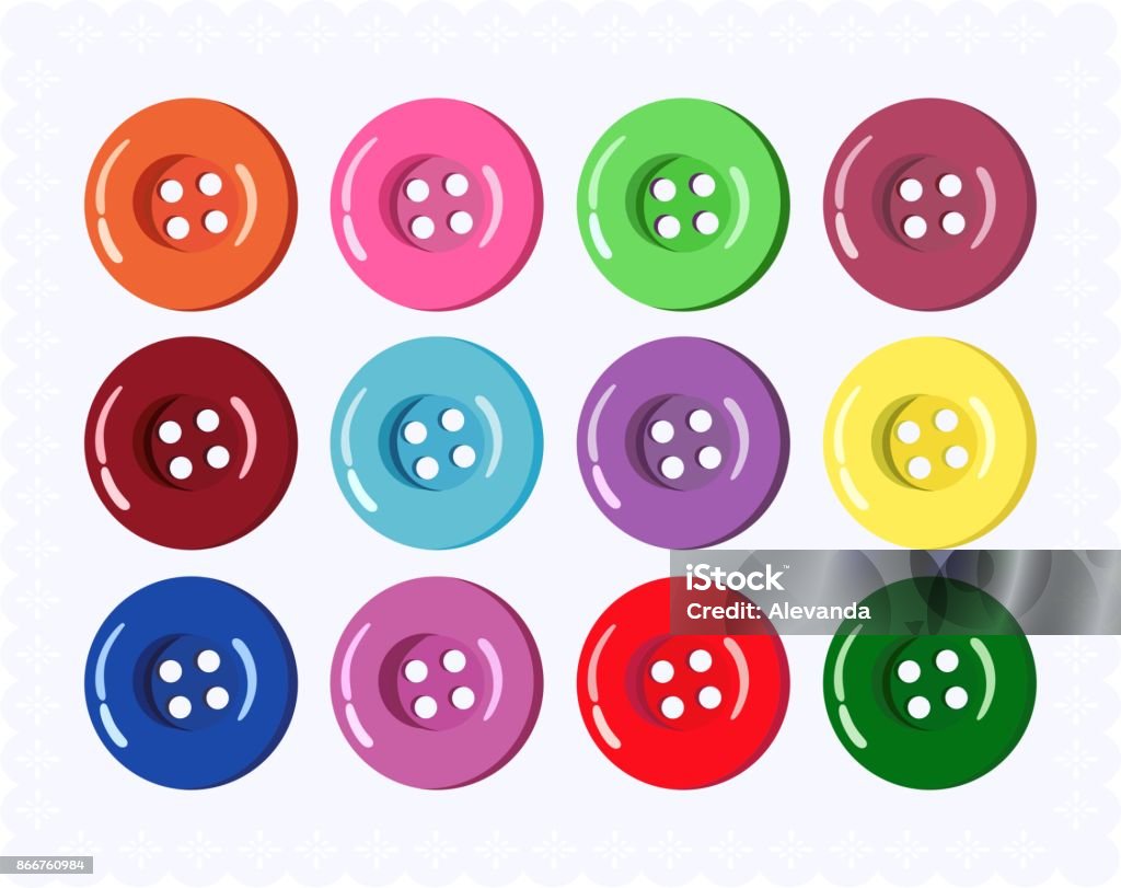 Set of colorful clothes buttons. Vector illustration. Vector collection of buttons for clothes, art and crafts in various bright colors. Fashion and needlework. Button - Sewing Item stock vector