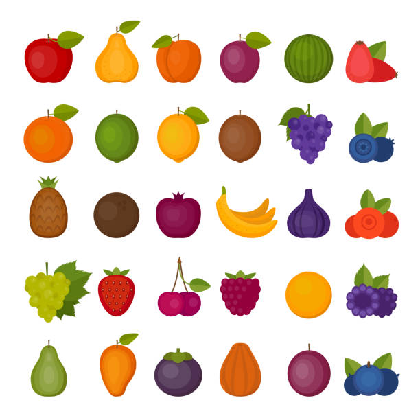 illustrazioni stock, clip art, cartoni animati e icone di tendenza di set di icone di frutta e bacche. stile piatto, illustrazione vettoriale. - raspberry gooseberry strawberry cherry