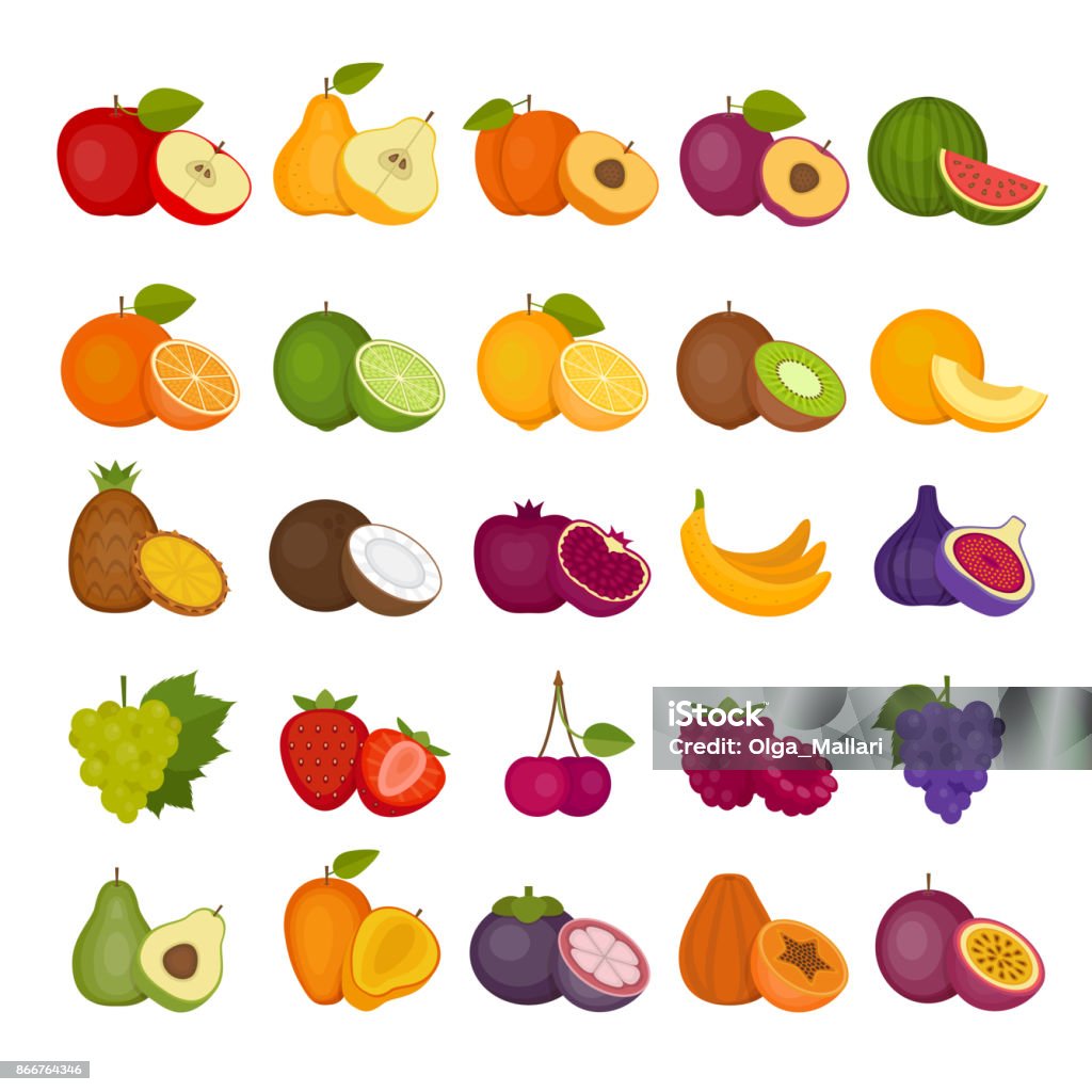 Conjunto de iconos de frutas y bayas. Plano de estilo, Ilustración del vector. - arte vectorial de Fruta libre de derechos