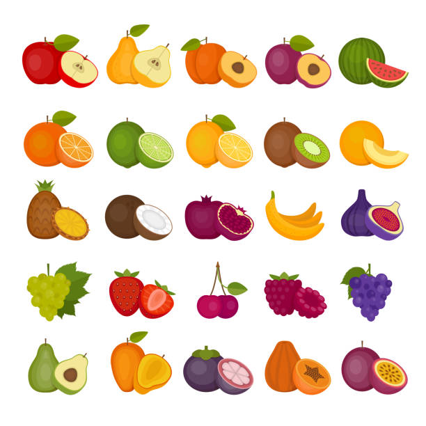 ilustraciones, imágenes clip art, dibujos animados e iconos de stock de conjunto de iconos de frutas y bayas. plano de estilo, ilustración del vector. - blackberry blueberry raspberry fruit