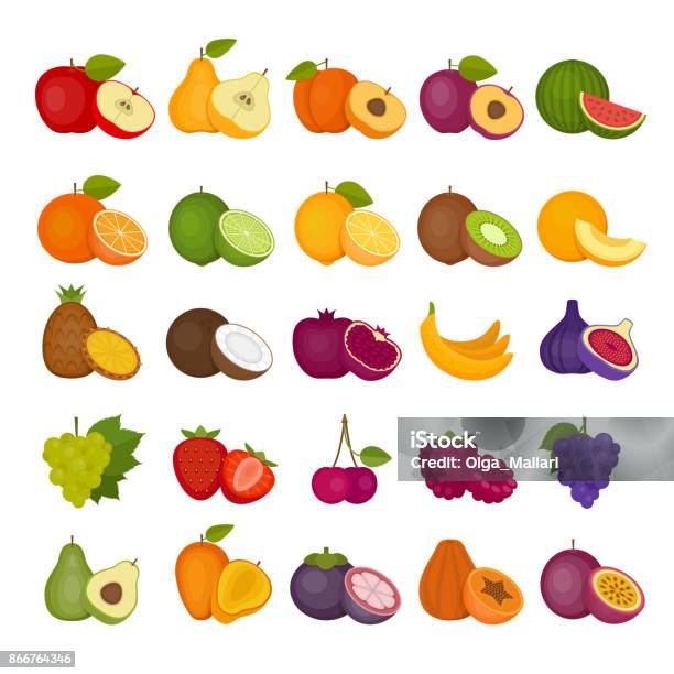 Set Di Icone Di Frutta E Bacche Stile Piatto Illustrazione Vettoriale - Immagini vettoriali stock e altre immagini di Frutta