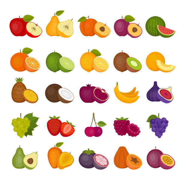 ilustrações, clipart, desenhos animados e ícones de conjunto de ícones de frutos e bagas. apartamento estilo, ilustração do vetor. - fruta kiwi