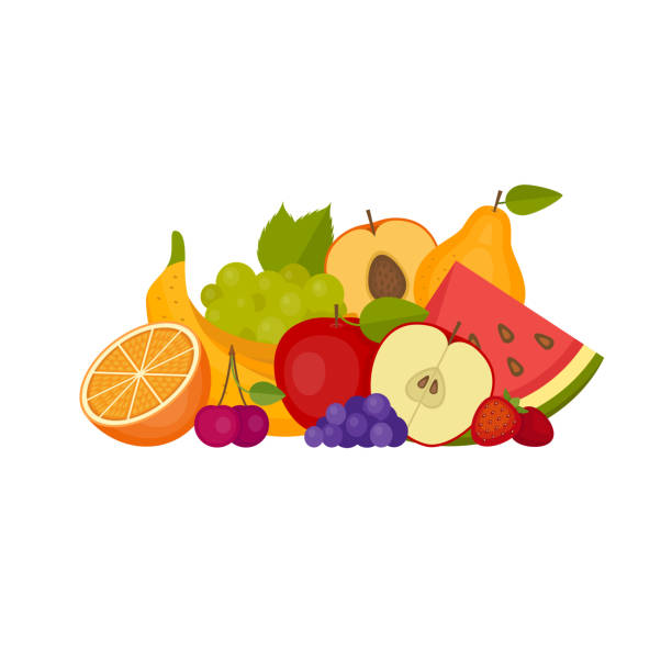 ilustrações, clipart, desenhos animados e ícones de frutas e bagas. alimentação saudável. apartamento estilo, ilustração do vetor. - fruta
