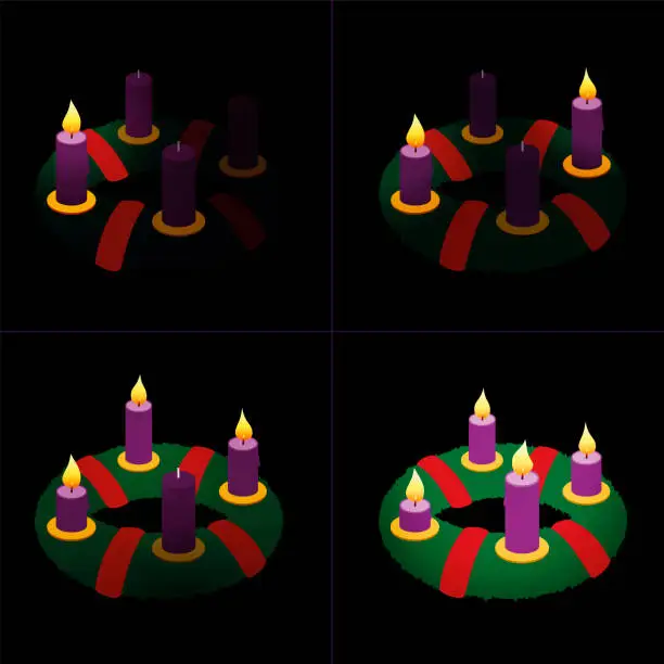 Vector illustration of Advent wreath on first, second, third and fourth Sunday of Advent with one, two, three and four lighted purple candles in different lengths depending on burning time in chronological order.