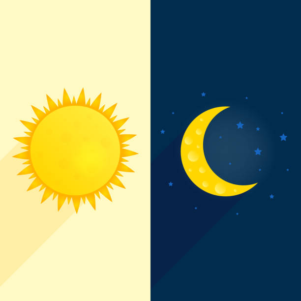 태양, 달, 별 배너입니다. 낮과 밤 시간 개념 벡터입니다. 써니 플라이어 일러스트입니다. 날씨 배경입니다. 개념 주간 포스터 예측 - 긴 일러스트 stock illustrations