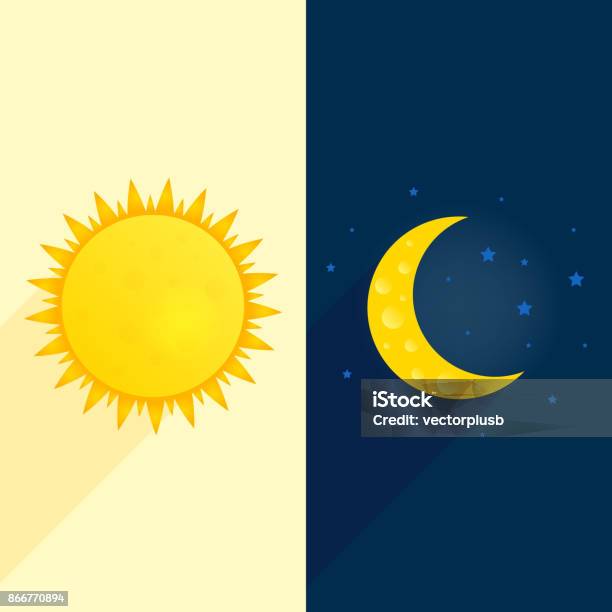 Sun Moon Stars Banner Day And Night Time Concept Vector Sunny Flyer Illustration Weather Background Forecast Concept Daytime Poster Stock Illustration - Download Image Now