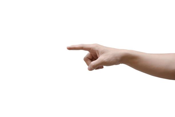 istock hand touching, pointing to something, closeup man hand pointing. Isolated on white background with clipping path 866771286