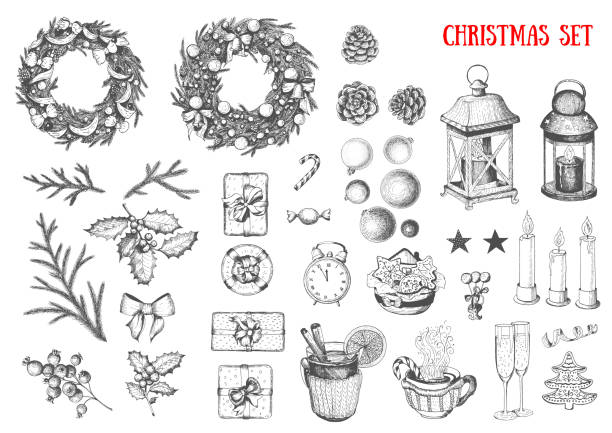 ilustrações de stock, clip art, desenhos animados e ícones de christmas hand drawn elements for xmas design. collection with toys, candy cane, candles, mistletoe, holly berries, wreath, balls. vintage xmas design set. linear graphic. new year vector illustration - wreath christmas bow holiday