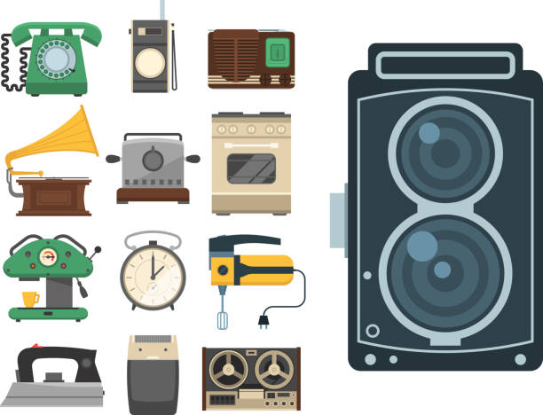 Retro vintage household appliances vector kitchenware antique technology utensil housework electric equipment illustration Retro vintage household appliances vector symbols. Kitchenware antique technology utensil symbols. Housework electric equipment domestic tools. kitchen utensil antique toaster old stock illustrations