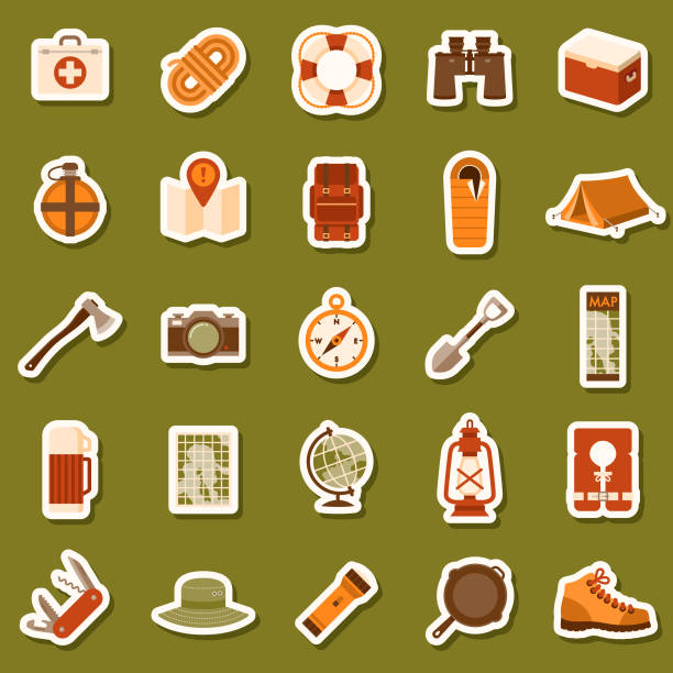 Flat Design Camping Icon Sticker Set A set of flat design styled camping icons on stickers. File is built in CMYK for optimal printing. Color swatches are global so it’s easy to edit and change the colors. earth first aid stock illustrations