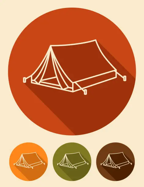 Vector illustration of Flat Design Thin Line Camping Tent Icon with Side Shadow