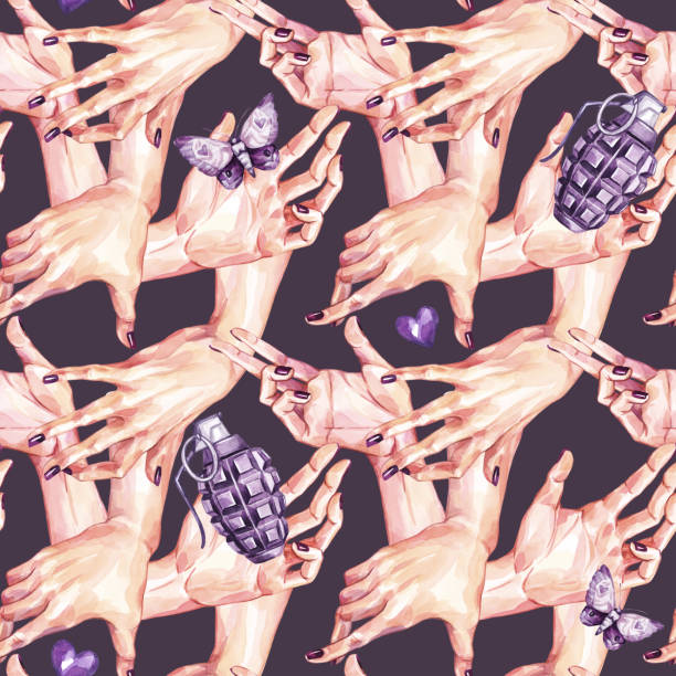 Watercolor seamless pattern, collection of girls hands holding bombs in realistic style. Gestures and hand touches. Human, body parts. Art symbol of danger love. Valentines day illustration Watercolor seamless pattern, collection of girls hands holding bombs in realistic style. Gestures and hand touches. Human, body parts. Art symbol of danger love. Valentines day illustration. Amore. steampunk woman stock illustrations