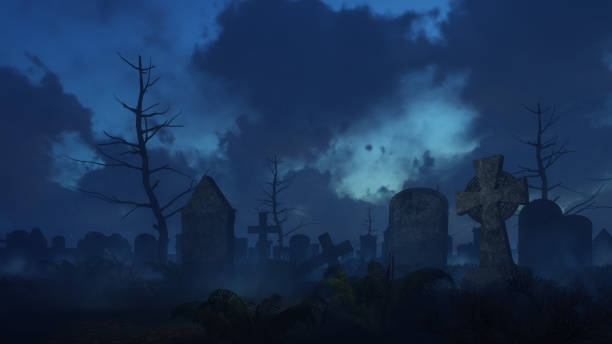 istock Abandoned spooky cemetery at misty night 866776232
