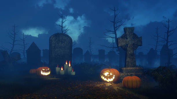 istock Halloween pumpkin near old gravestone at night 866776344