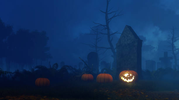 istock Halloween pumpkin near old tombstone at night 866778456