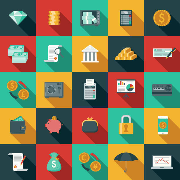 Flat Design Banking and Finance Icon Set with Side Shadow A set of flat design styled finance and banking icons with a long side shadow. File is built in CMYK for optimal printing. Color swatches are global so it’s easy to edit and change the colors. banking clipart stock illustrations