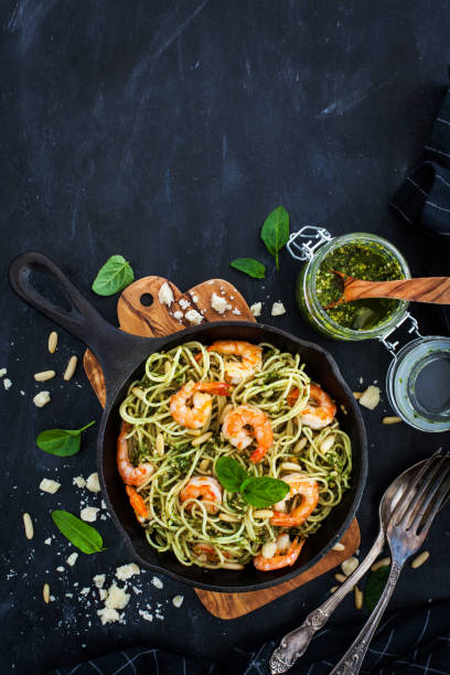 istock Spaghetti with prawns and homemade pesto sauce 866779800
