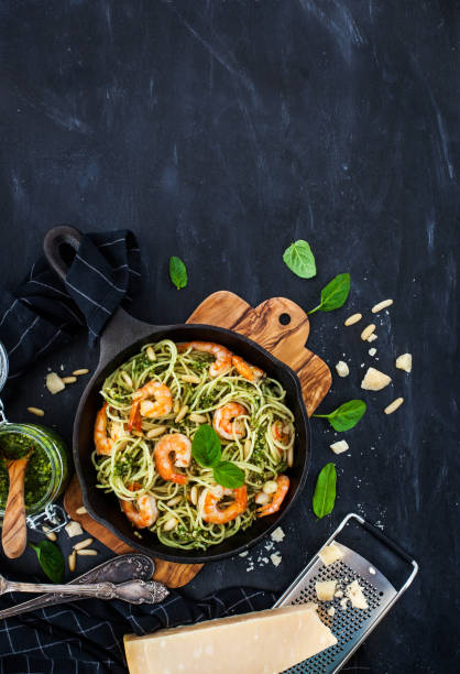 istock Spaghetti with prawns and homemade pesto sauce 866779802