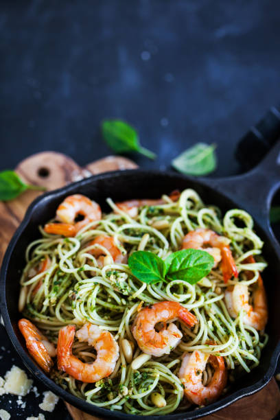 istock Spaghetti with prawns and homemade pesto sauce 866779806