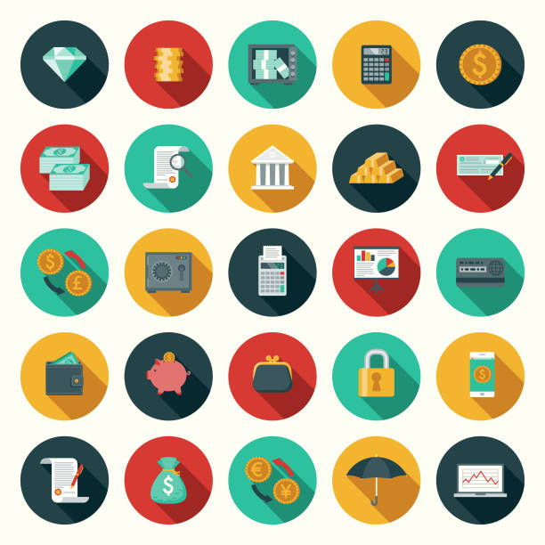 flat design banking and finance icon set with side shadow - magnified image stock illustrations