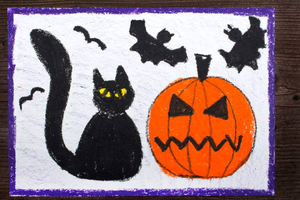 Halloween drawing: Black cat, bad pumpkin and flying bats