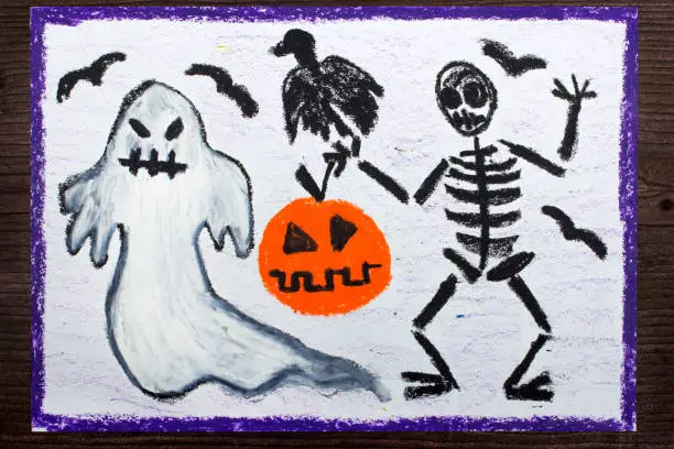 Photo of Halloween drawing: Bad ghost, skeleton, pumpkin and raven