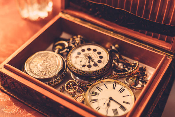 istock Ancient vintage pocket watch or clock in a wooden box 866785890