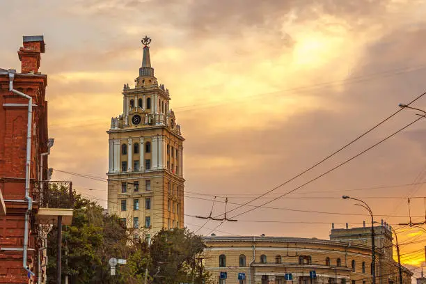 Main building of South-Eastern Railway, Russian Railways, The symbol of Voronezh city at background of sunset sky