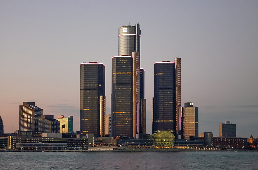 Detroit, MI, USA - 2nd October 2016:  Detroit City Skyline at dusk as viewed from Windsor, Ontario, Canada.