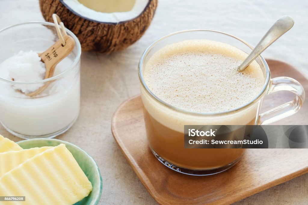 bulletproof coffee, blended with organic grass fed butter and MCT coconut oil, paleo, keto, ketogenic drink breakfast Coffee - Drink Stock Photo