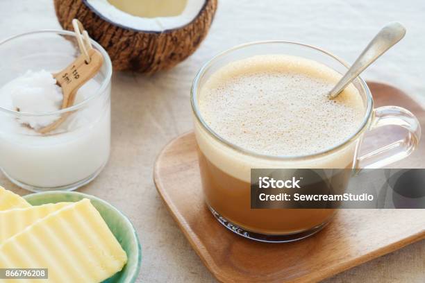 Bulletproof Coffee Blended With Organic Grass Fed Butter And Mct Coconut Oil Paleo Keto Ketogenic Drink Breakfast Stock Photo - Download Image Now