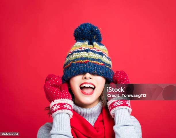 Happy Young Beautiful Woman In Winter Clothes Stock Photo - Download Image Now - Winter, Women, Christmas
