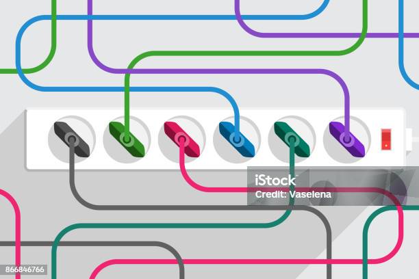 Many Power Cords Plugged To Power Strip Stock Illustration - Download Image Now - Gang Socket, Electric Plug, Electrical Outlet