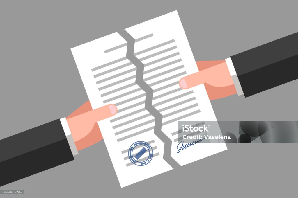 Torn document. Cancellation of contract or agreement Two hands are tearing up a signed paper. Cancellation of contract, document or agreement. Business concept Contract stock vector