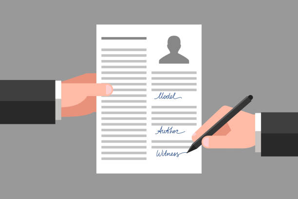 Model release signing Model release in one hand, another hand is signing this document as witness witness signature stock illustrations